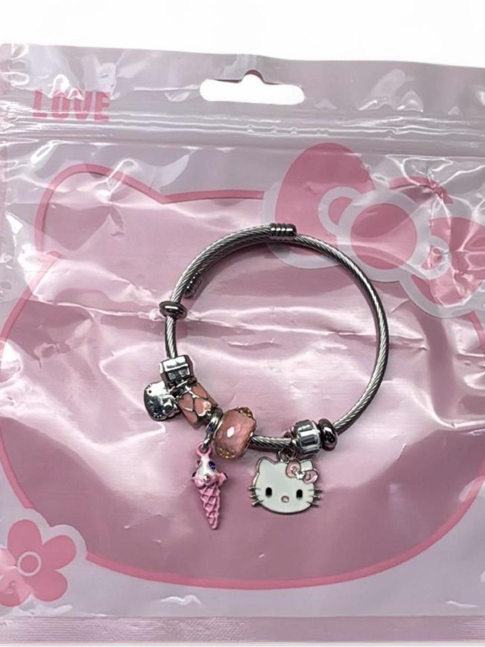 Kids Silver Charm Bracelet with Pink Hello Kitty and Ice Cream Charms
